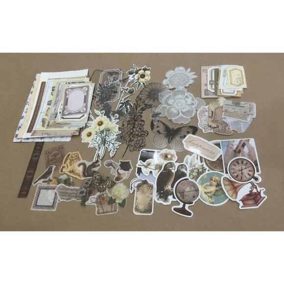 White/Tan Cottagecore Vintage Junk Journal Kit – 81 Pcs Ephemera, Stickers & Tex - Picture 2 of 5
